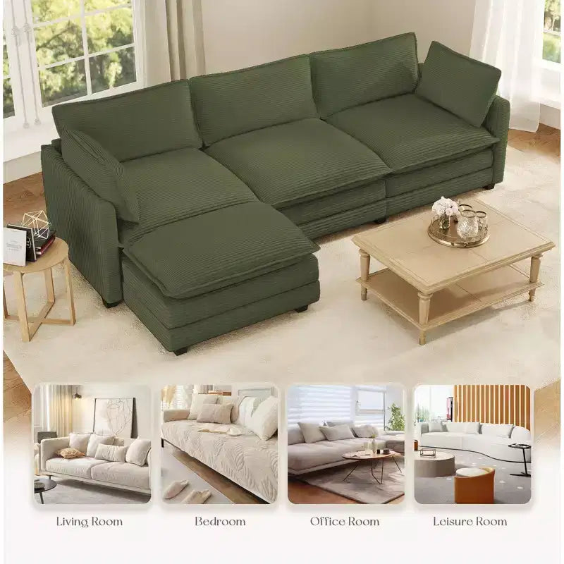 Canapé d'angle Hyleory en velours côtelé avec ottoman mobile - Doux au toucher, design peu encombrant