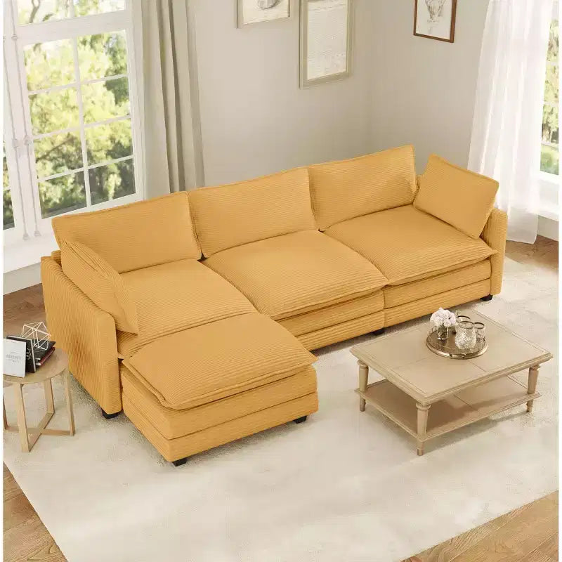Canapé d'angle Hyleory en velours côtelé avec ottoman mobile - Doux au toucher, design peu encombrant