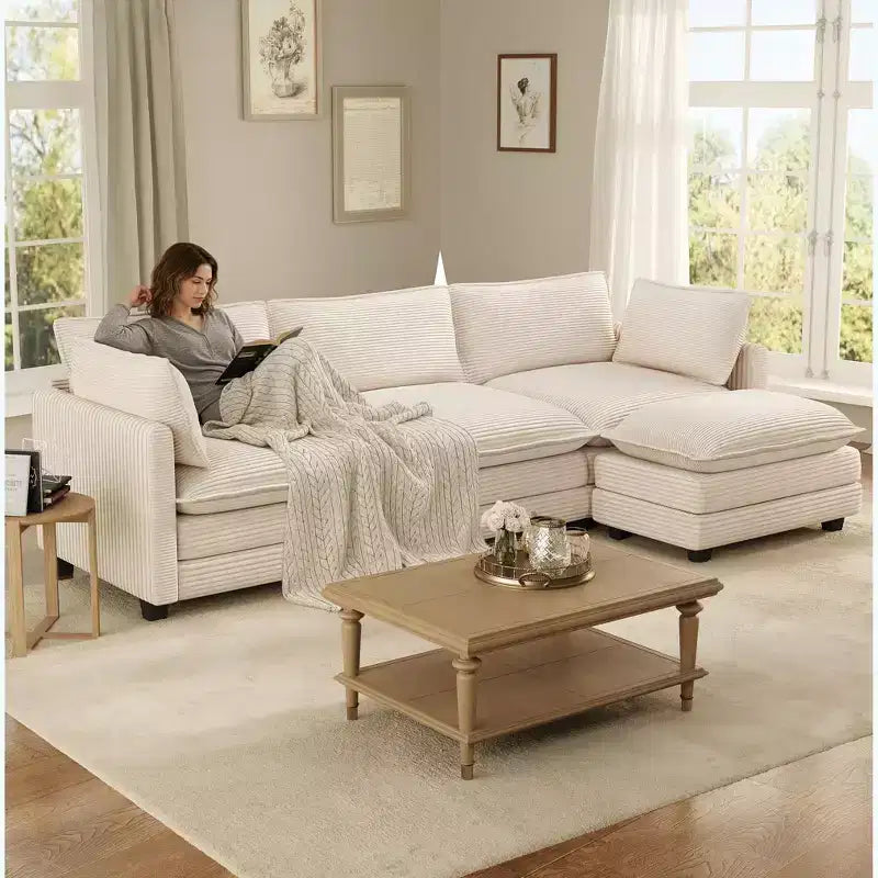 Canapé d'angle Hyleory en velours côtelé avec ottoman mobile - Doux au toucher, design peu encombrant