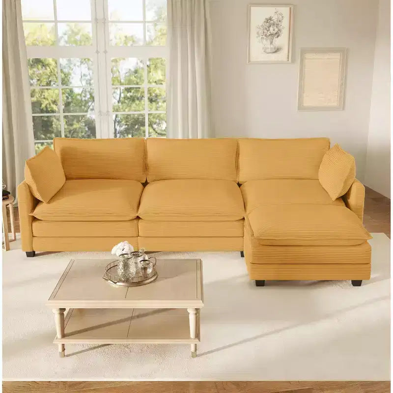 Canapé d'angle Hyleory en velours côtelé avec ottoman mobile - Doux au toucher, design peu encombrant