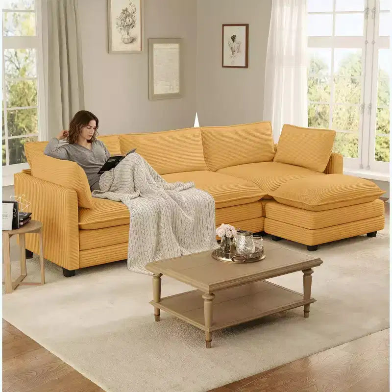 Canapé d'angle Hyleory en velours côtelé avec ottoman mobile - Doux au toucher, design peu encombrant
