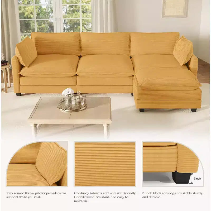 Canapé d'angle Hyleory en velours côtelé avec ottoman mobile - Doux au toucher, design peu encombrant
