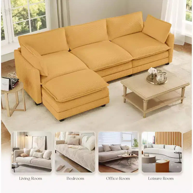Canapé d'angle Hyleory en velours côtelé avec ottoman mobile - Doux au toucher, design peu encombrant