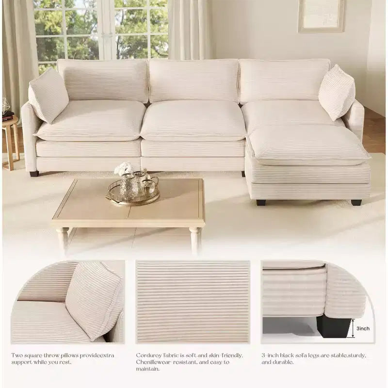 Canapé d'angle Hyleory en velours côtelé avec ottoman mobile - Doux au toucher, design peu encombrant