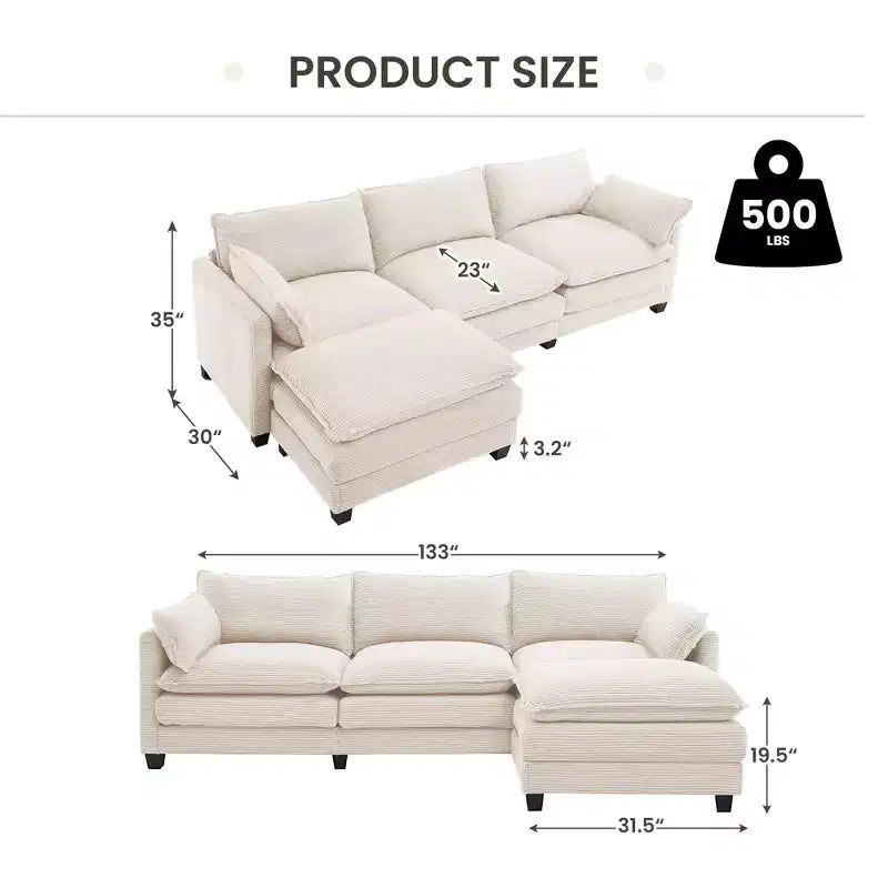 Canapé d'angle Hyleory en velours côtelé avec ottoman mobile - Doux au toucher, design peu encombrant