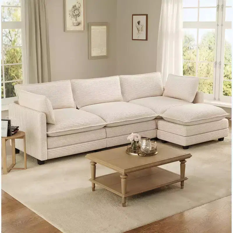 Canapé d'angle Hyleory en velours côtelé avec ottoman mobile - Doux au toucher, design peu encombrant
