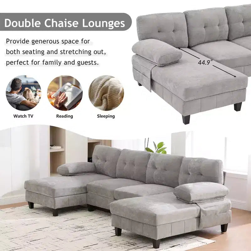 Homy Casa Canapé d'angle en U avec poches de rangement et oreillers d'accoudoir, canapé de salon moderne à 6 places, gris