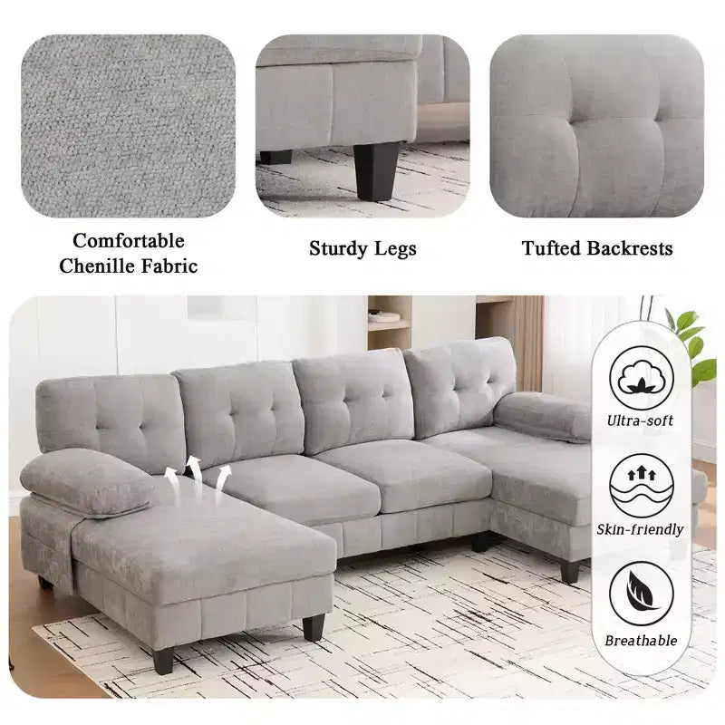 Homy Casa Canapé d'angle en U avec poches de rangement et oreillers d'accoudoir, canapé de salon moderne à 6 places, gris