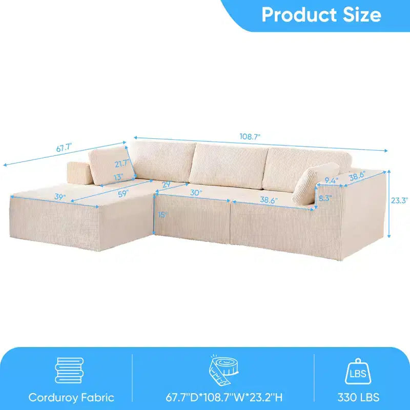 Mjkone Canapés modulaires sectionnels 3 pièces à combinaison libre avec configuration flexible, canapé d'angle en velours côtelé compressé avec méridienne