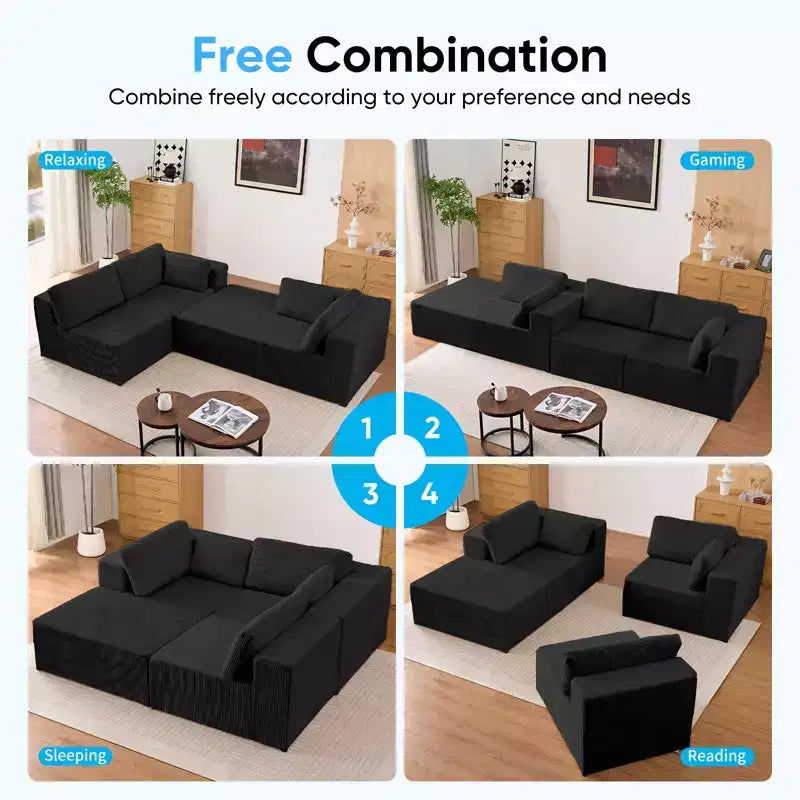 Mjkone Canapés modulaires sectionnels 3 pièces à combinaison libre avec configuration flexible, canapé d'angle en velours côtelé compressé avec méridienne