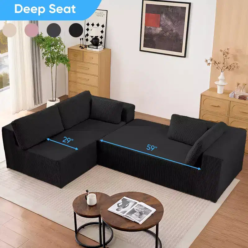 Mjkone Canapés modulaires sectionnels 3 pièces à combinaison libre avec configuration flexible, canapé d'angle en velours côtelé compressé avec méridienne