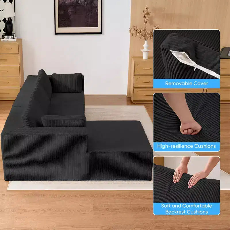 Mjkone Canapés modulaires sectionnels 3 pièces à combinaison libre avec configuration flexible, canapé d'angle en velours côtelé compressé avec méridienne