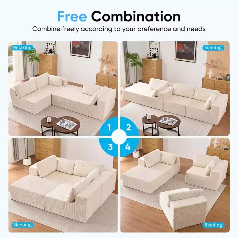 Mjkone Canapés modulaires sectionnels 3 pièces à combinaison libre avec configuration flexible, canapé d'angle en velours côtelé compressé avec méridienne