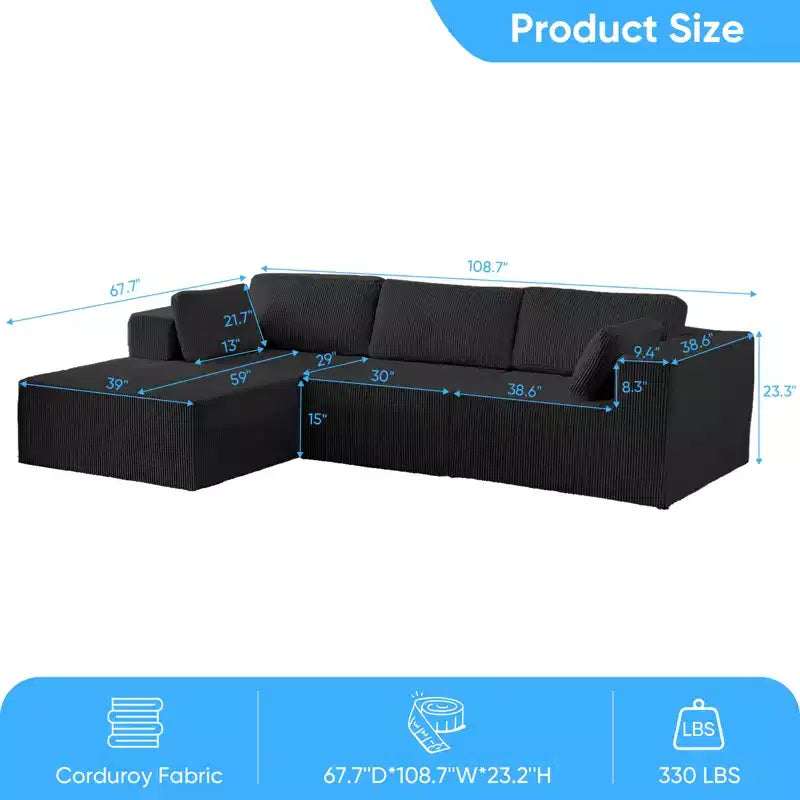 Mjkone Canapés modulaires sectionnels 3 pièces à combinaison libre avec configuration flexible, canapé d'angle en velours côtelé compressé avec méridienne