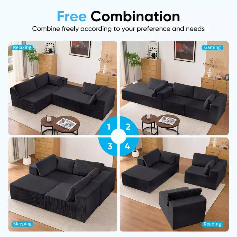 Mjkone Canapés modulaires sectionnels 3 pièces à combinaison libre avec configuration flexible, canapé d'angle en velours côtelé compressé avec méridienne