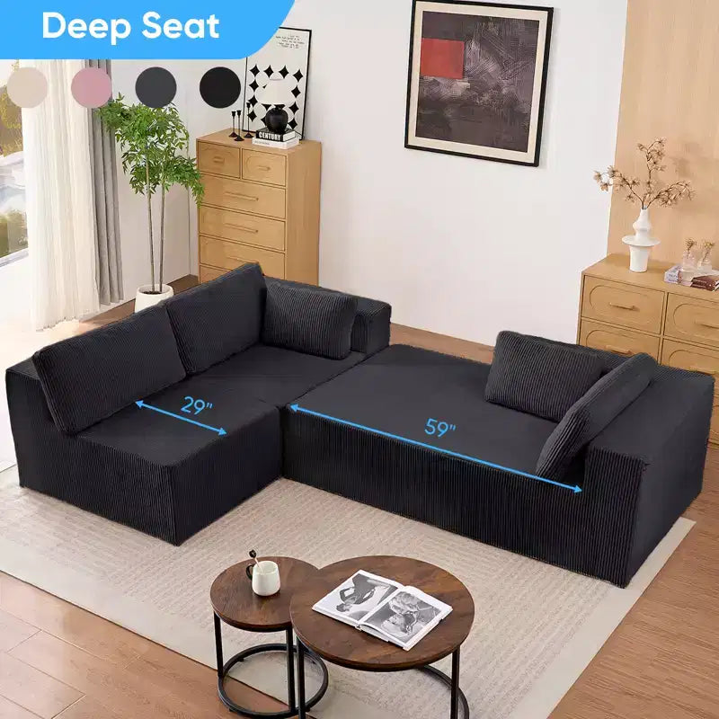 Mjkone Canapés modulaires sectionnels 3 pièces à combinaison libre avec configuration flexible, canapé d'angle en velours côtelé compressé avec méridienne