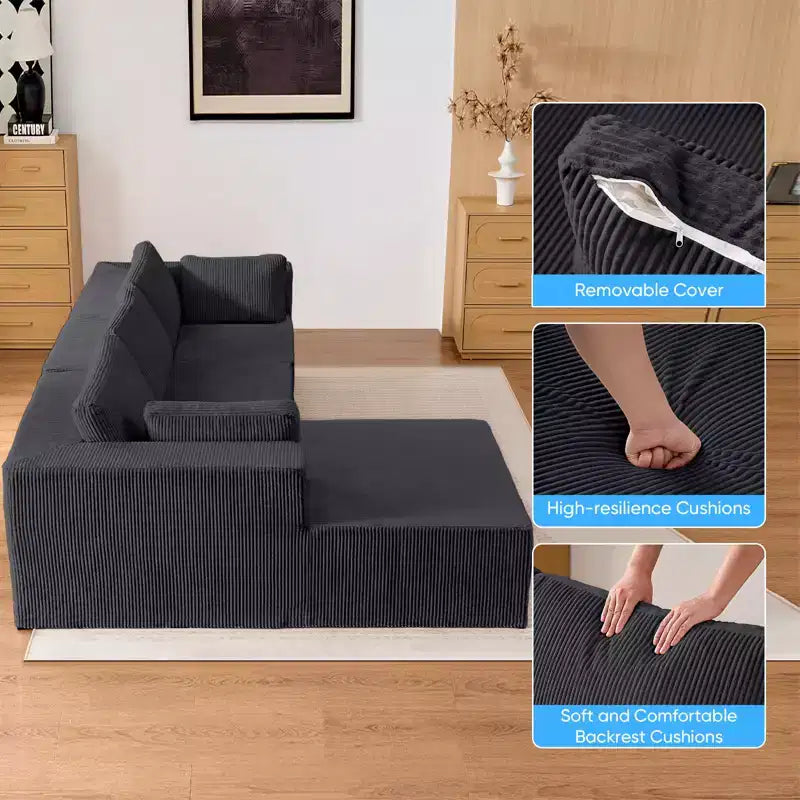 Mjkone Canapés modulaires sectionnels 3 pièces à combinaison libre avec configuration flexible, canapé d'angle en velours côtelé compressé avec méridienne
