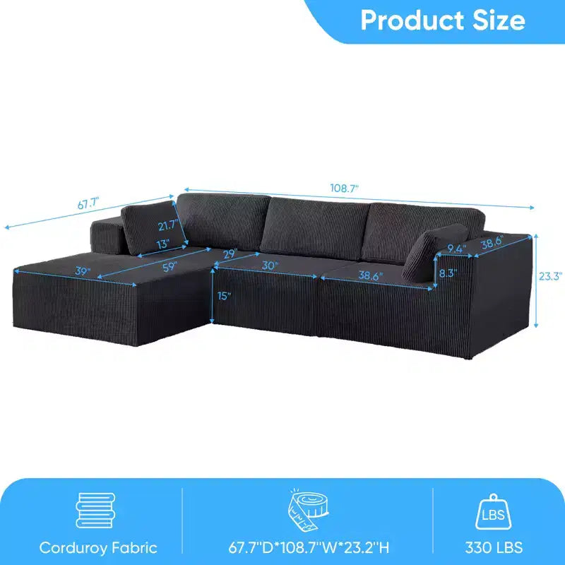 Mjkone Canapés modulaires sectionnels 3 pièces à combinaison libre avec configuration flexible, canapé d'angle en velours côtelé compressé avec méridienne