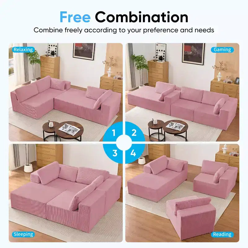 Mjkone Canapés modulaires sectionnels 3 pièces à combinaison libre avec configuration flexible, canapé d'angle en velours côtelé compressé avec méridienne