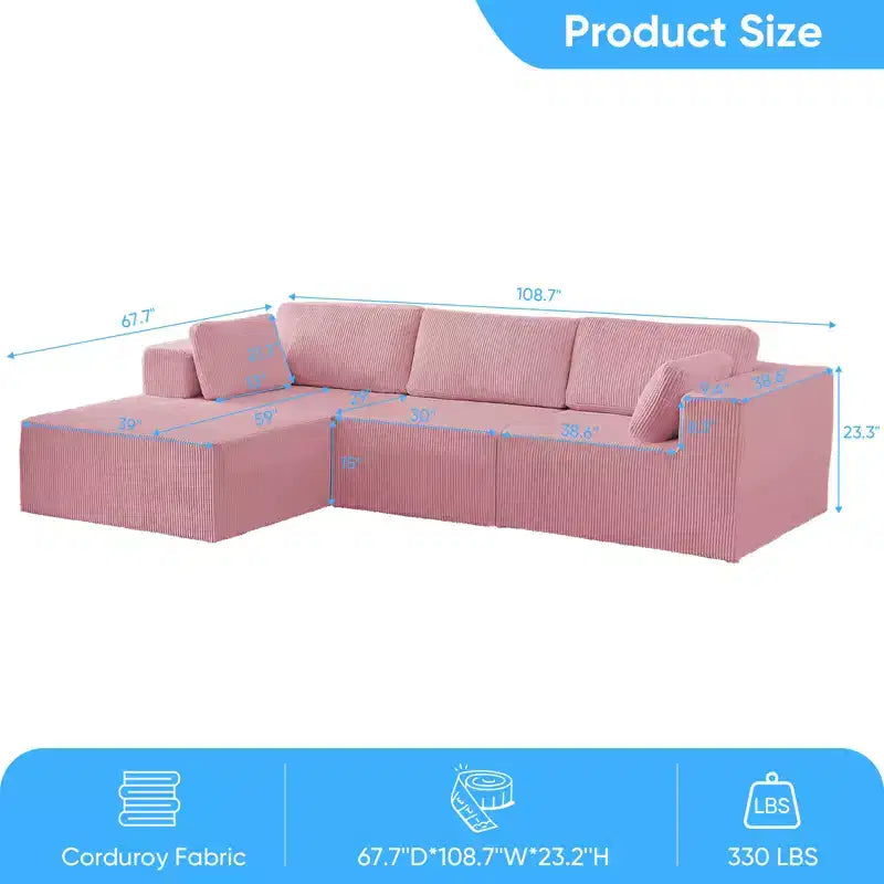 Mjkone Canapés modulaires sectionnels 3 pièces à combinaison libre avec configuration flexible, canapé d'angle en velours côtelé compressé avec méridienne