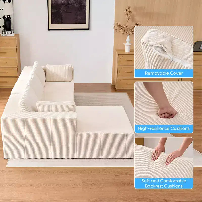 Mjkone Canapés modulaires sectionnels 3 pièces à combinaison libre avec configuration flexible, canapé d'angle en velours côtelé compressé avec méridienne
