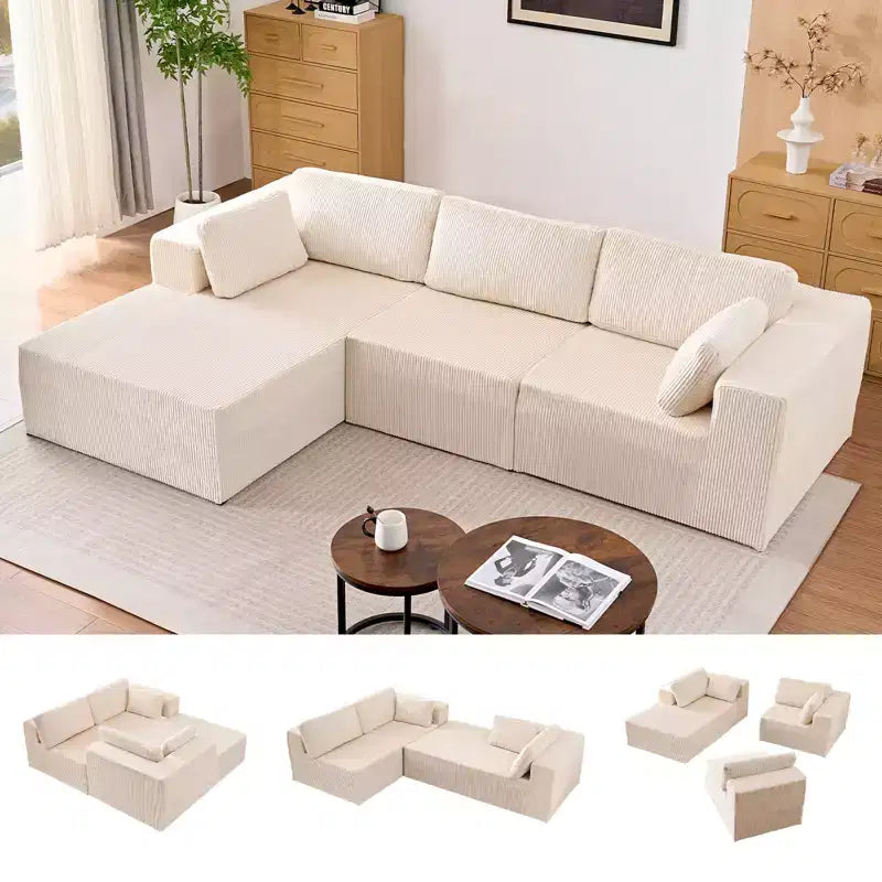 Mjkone 3-Pcs Free Combination Modular Sectional Sofas with Flexible Configuration,Corduroy Compressed L-Shaped Sofa with Chaise Lounge