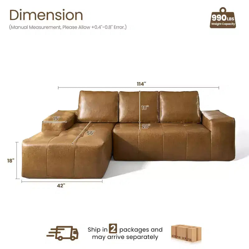 Canapé d'angle modulable HOMLUX avec méridienne réversible gauche/droite, livraison rapide en cuir synthétique ou 4 tissus irisés : aucun montage requis, mousse haute densité et ressorts ensachés