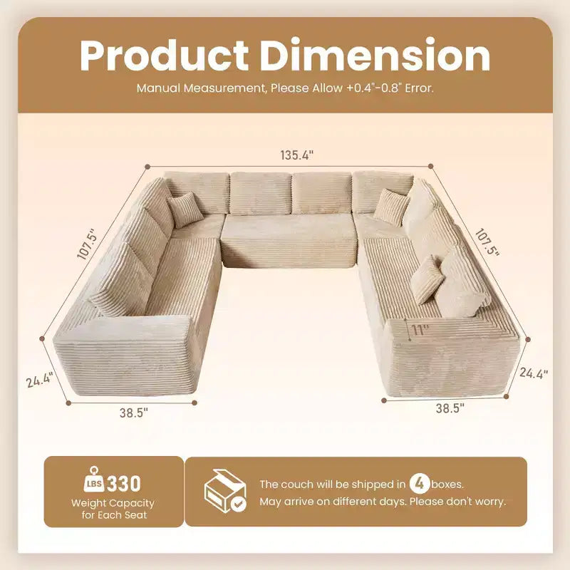 Canapé modulaire HOMELUX en forme de U, canapé moderne minimaliste de 27 pouces de profondeur pour le salon, style 5