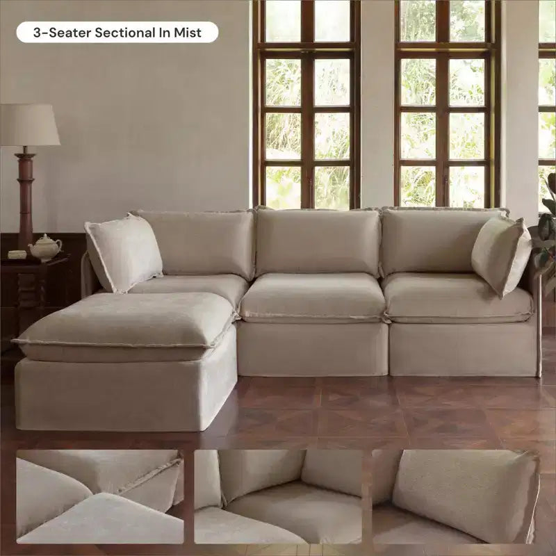 Canapé d'angle modulable 3 places lavable brume | Assise Memorix+ | Oreiller profilé