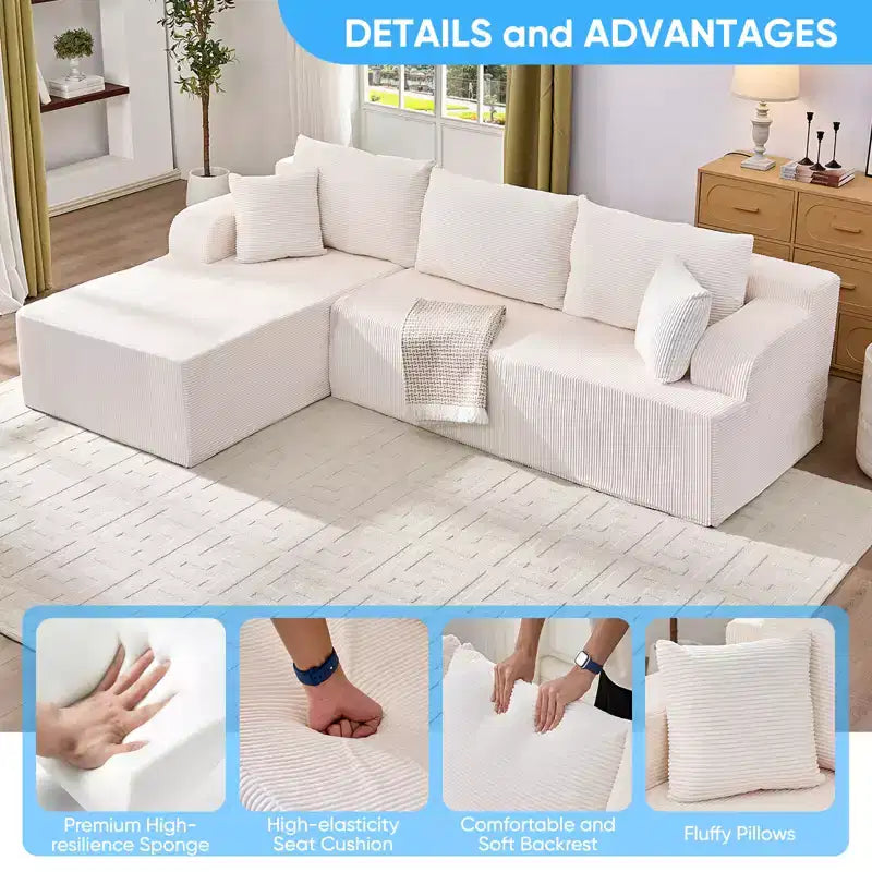 Mjkone Canapés modulaires sectionnels 2 pièces à combinaison libre avec siège profond, canapé d'angle en velours côtelé avec méridienne
