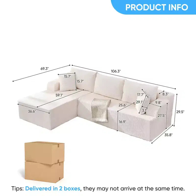 Mjkone Canapés modulaires sectionnels 2 pièces à combinaison libre avec siège profond, canapé d'angle en velours côtelé avec méridienne