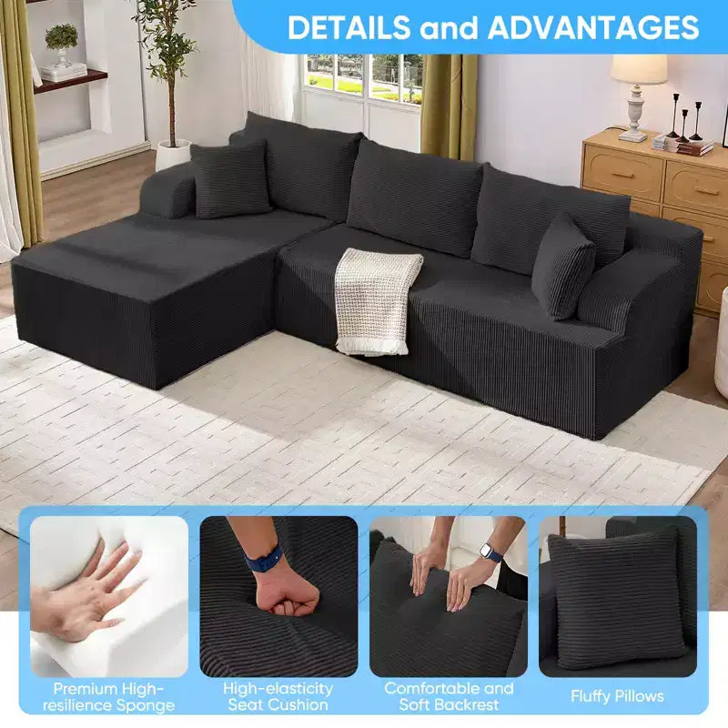 Mjkone Canapés modulaires sectionnels 2 pièces à combinaison libre avec siège profond, canapé d'angle en velours côtelé avec méridienne