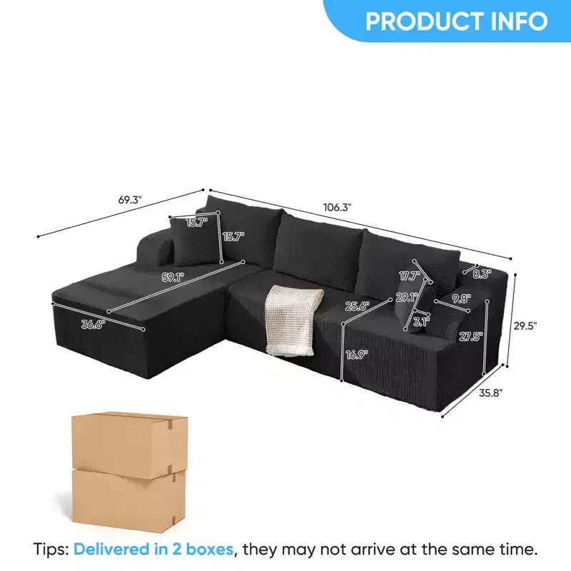 Mjkone Canapés modulaires sectionnels 2 pièces à combinaison libre avec siège profond, canapé d'angle en velours côtelé avec méridienne