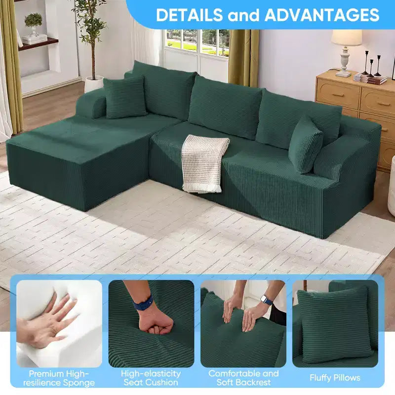 Mjkone Canapés modulaires sectionnels 2 pièces à combinaison libre avec siège profond, canapé d'angle en velours côtelé avec méridienne