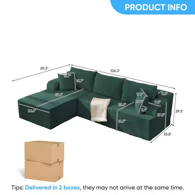 Mjkone Canapés modulaires sectionnels 2 pièces à combinaison libre avec siège profond, canapé d'angle en velours côtelé avec méridienne