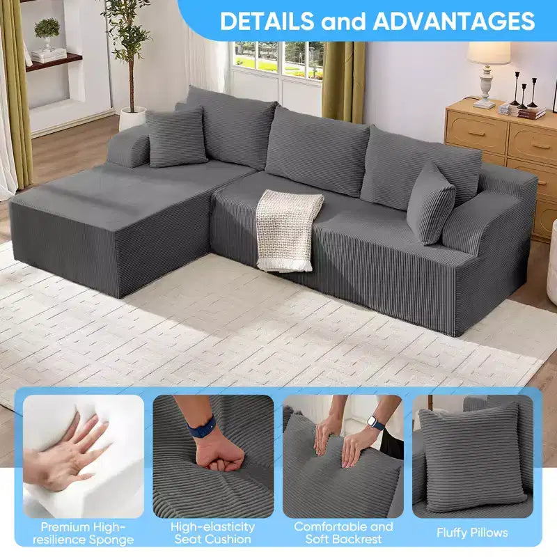 Mjkone Canapés modulaires sectionnels 2 pièces à combinaison libre avec siège profond, canapé d'angle en velours côtelé avec méridienne