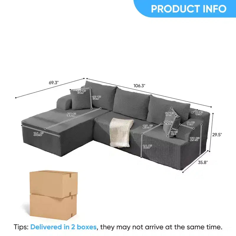 Mjkone Canapés modulaires sectionnels 2 pièces à combinaison libre avec siège profond, canapé d'angle en velours côtelé avec méridienne