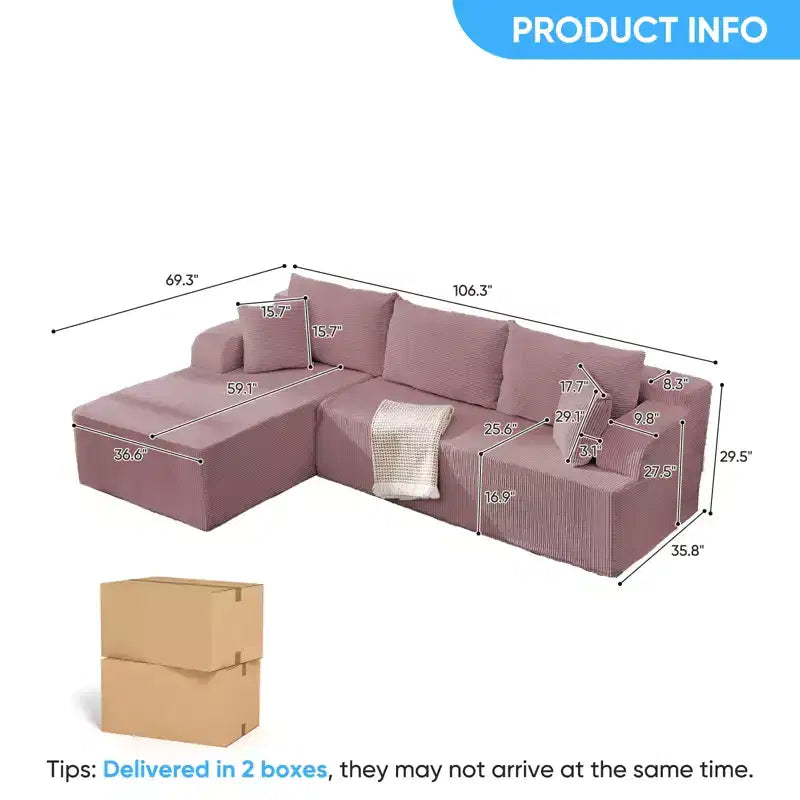 Mjkone Canapés modulaires sectionnels 2 pièces à combinaison libre avec siège profond, canapé d'angle en velours côtelé avec méridienne
