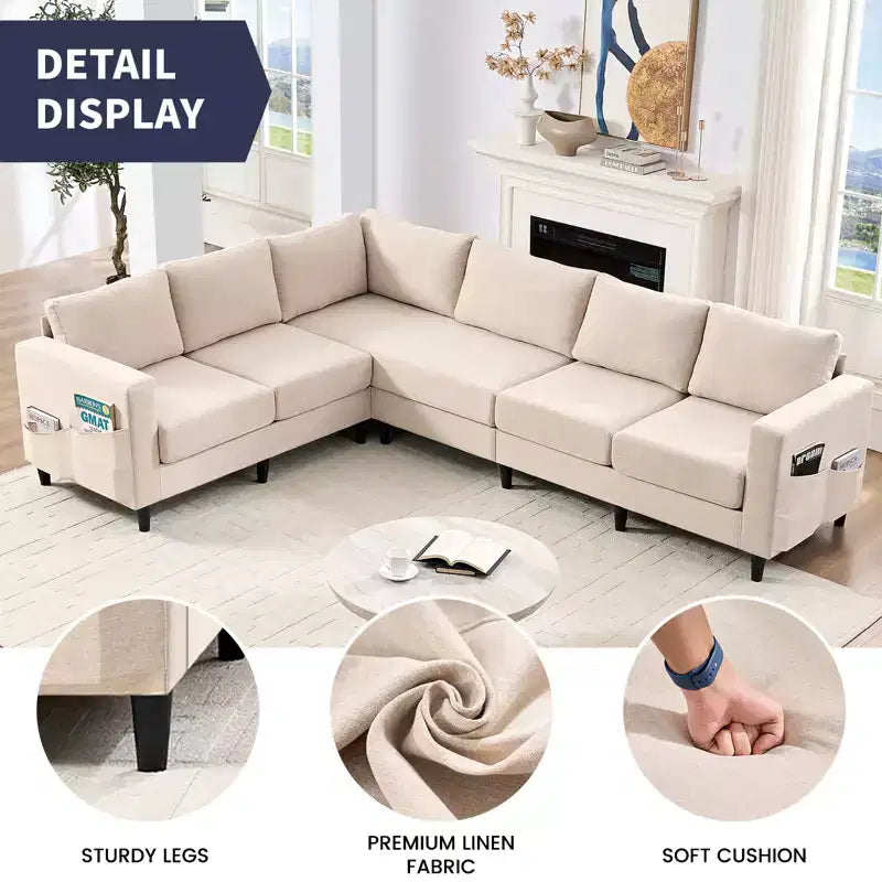Mjkone Canapé sectionnel modulaire surdimensionné 108Linen, Canapé sectionnel en forme de L avec poche latérale, Grand canapé d'angle 6 places