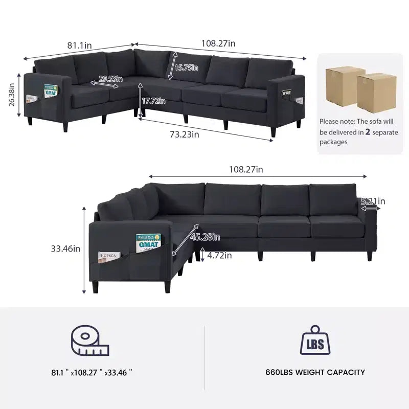 Mjkone Canapé sectionnel modulaire surdimensionné 108Linen, Canapé sectionnel en forme de L avec poche latérale, Grand canapé d'angle 6 places