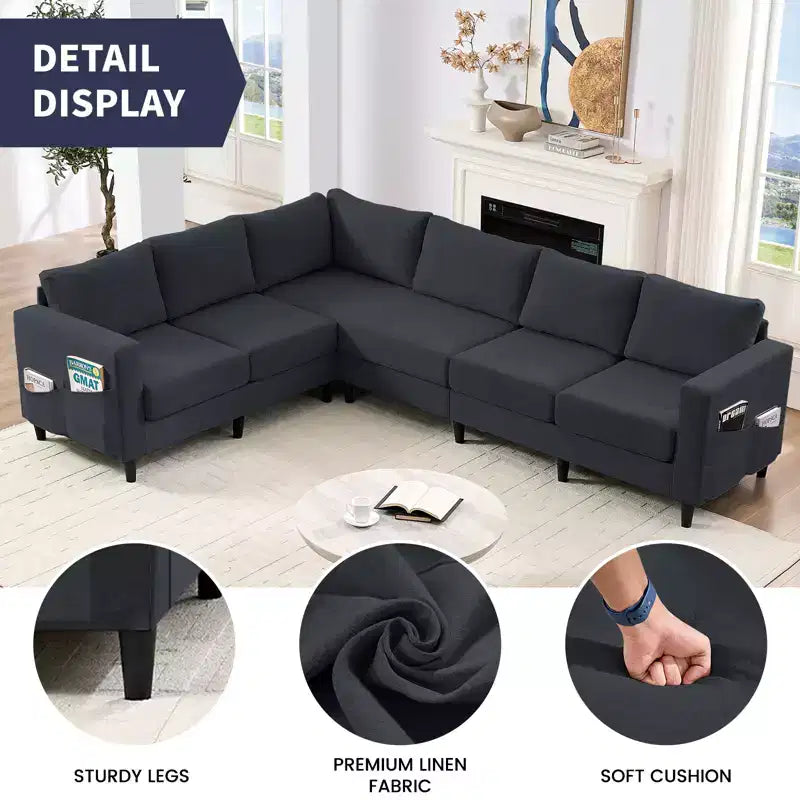 Mjkone Canapé sectionnel modulaire surdimensionné 108Linen, Canapé sectionnel en forme de L avec poche latérale, Grand canapé d'angle 6 places