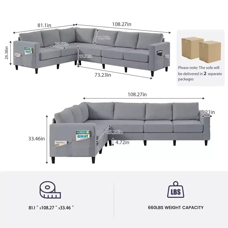 Mjkone Canapé sectionnel modulaire surdimensionné 108Linen, Canapé sectionnel en forme de L avec poche latérale, Grand canapé d'angle 6 places