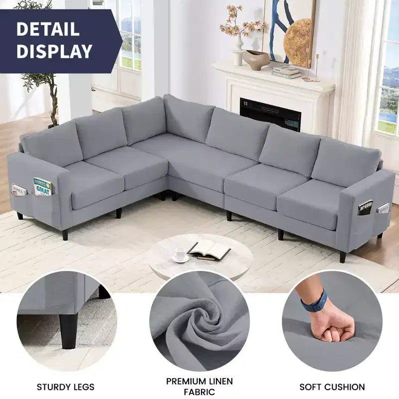 Mjkone Canapé sectionnel modulaire surdimensionné 108Linen, Canapé sectionnel en forme de L avec poche latérale, Grand canapé d'angle 6 places
