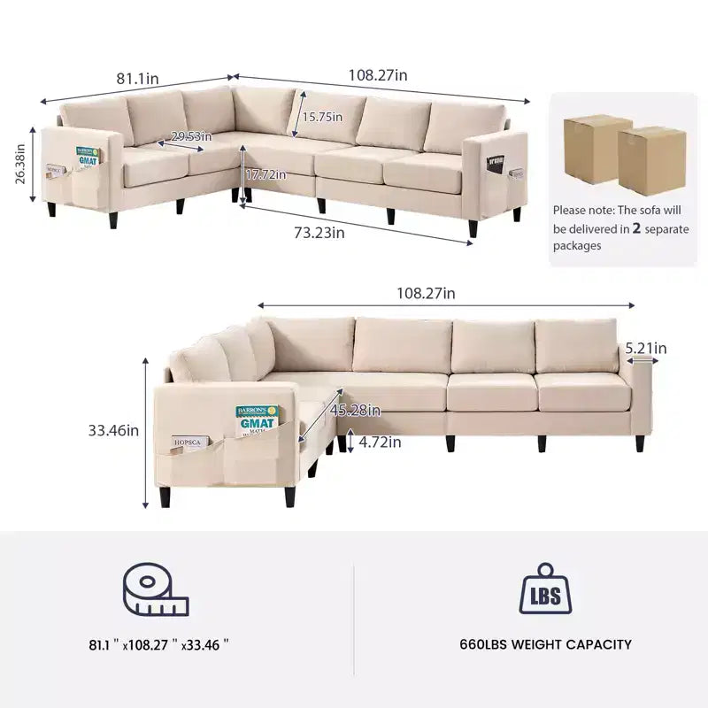 Mjkone Canapé sectionnel modulaire surdimensionné 108Linen, Canapé sectionnel en forme de L avec poche latérale, Grand canapé d'angle 6 places