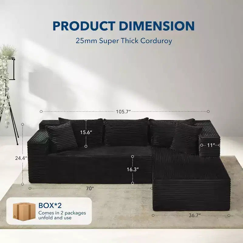 Canapé d'angle en L Garvee 106, canapé modulaire moderne avec méridienne, tissu en velours côtelé doux pour salon