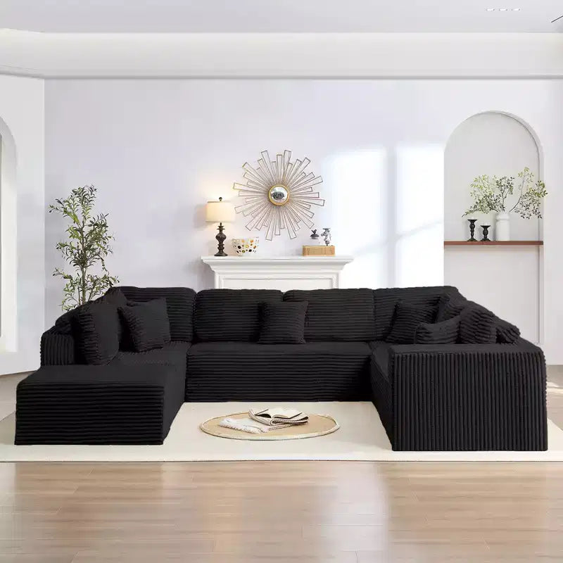 Mjkone 136 Canapé modulaire sectionnel en velours côtelé en forme de U, canapé moderne à 7 places avec sièges profonds et ottoman mobile