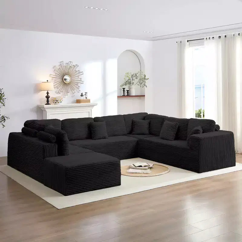Mjkone 136 Canapé modulaire sectionnel en velours côtelé en forme de U, canapé moderne à 7 places avec sièges profonds et ottoman mobile