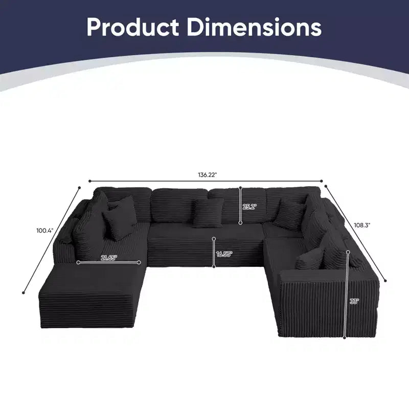 Mjkone 136 Canapé modulaire sectionnel en velours côtelé en forme de U, canapé moderne à 7 places avec sièges profonds et ottoman mobile