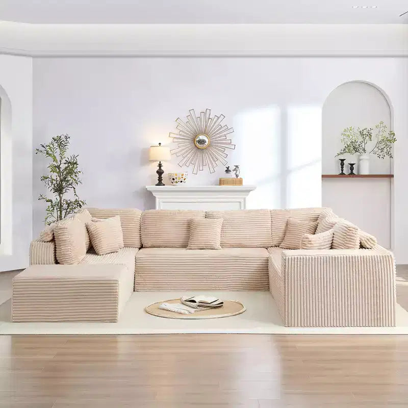 Mjkone 136 Canapé modulaire sectionnel en velours côtelé en forme de U, canapé moderne à 7 places avec sièges profonds et ottoman mobile