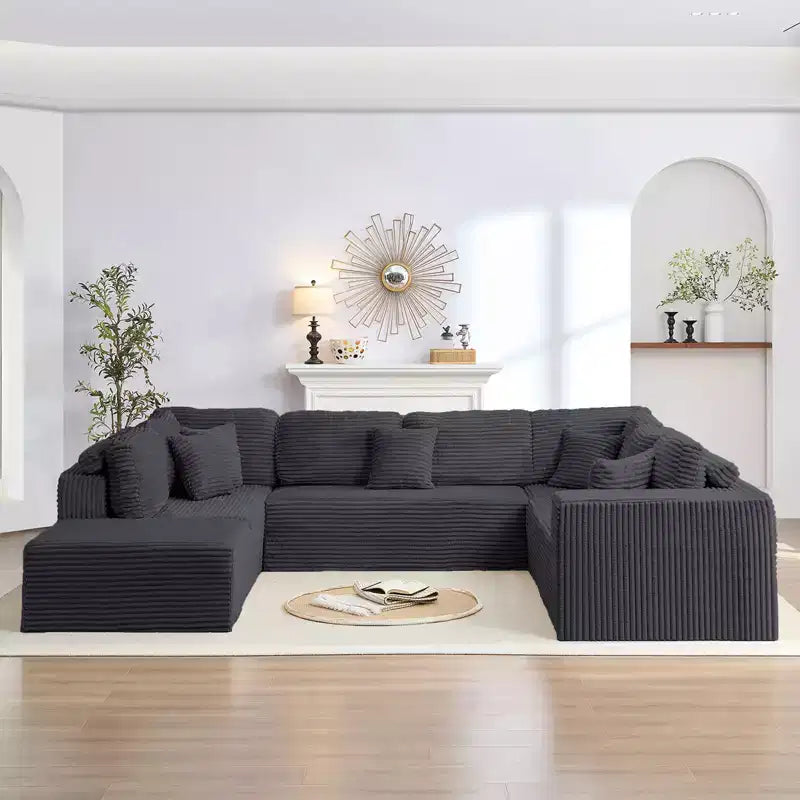 Mjkone 136 Canapé modulaire sectionnel en velours côtelé en forme de U, canapé moderne à 7 places avec sièges profonds et ottoman mobile